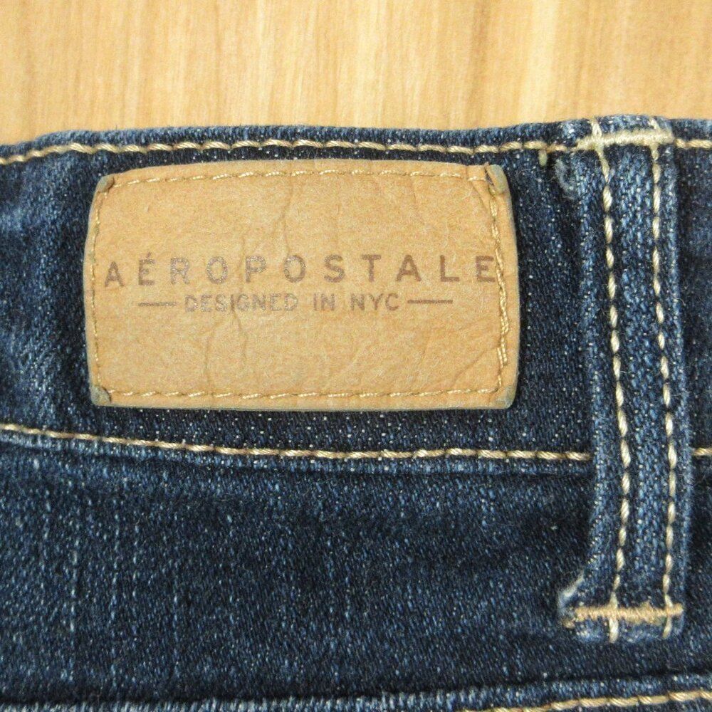 AEROPOSTALE Midi Cuffed Distressed Jean Shorts Sz 4 Ripped Dark Blue Denim Jorts - Picture 8 of 13